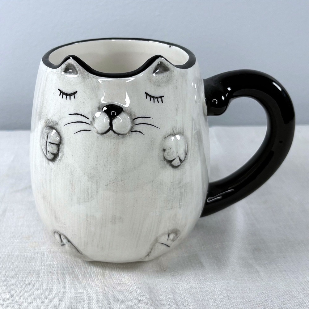 Ganz White Black Ceramic Cat Mug 3D Relief Sculpted Ears Whimsical Coffee Cup
